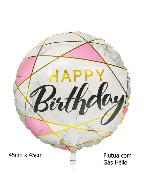 Balão Metalizado Happy Birthday Mármore 18 Polegadas 45cm Ponto das Festas