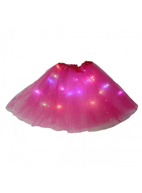 Saia Tutu de Tule Rosa Pink com Led e Brilho 30cm Adulto Fantasia Carnaval
