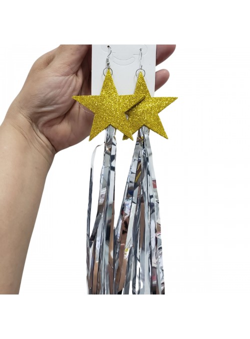 Brinco Fitas Metalizadas Prata Estrela Dourada Carnaval 23cm O Par