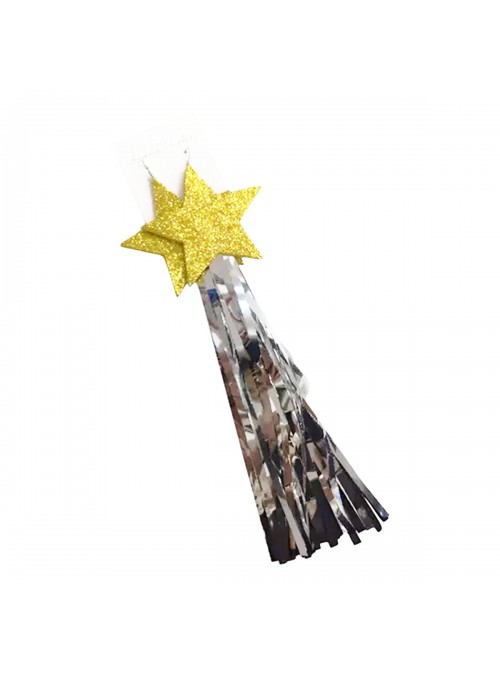 Brinco Fitas Metalizadas Prata Estrela Dourada Carnaval 23cm O Par