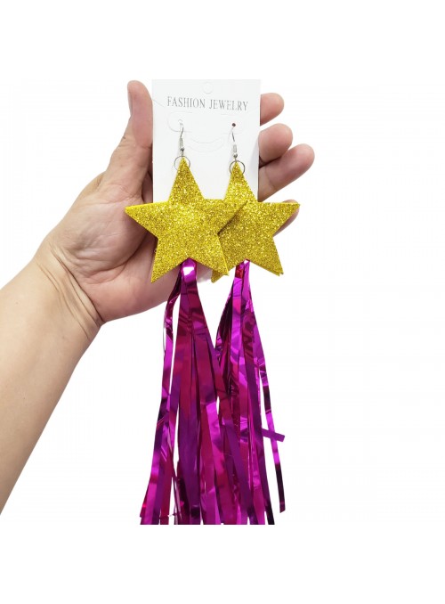 Brinco Fitas Metalizadas Rosa Pink Estrela Dourada Carnaval 23cm O Par