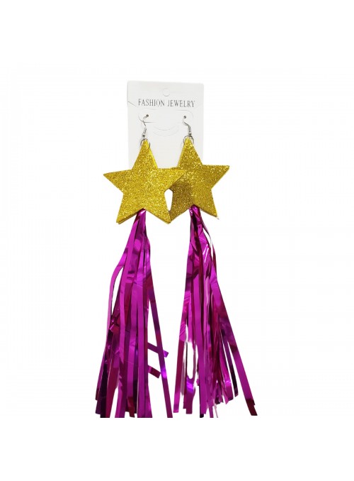 Brinco Fitas Metalizadas Rosa Pink Estrela Dourada Carnaval 23cm O Par