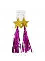 Brinco Fitas Metalizadas Rosa Pink Estrela Dourada Carnaval 23cm O Par