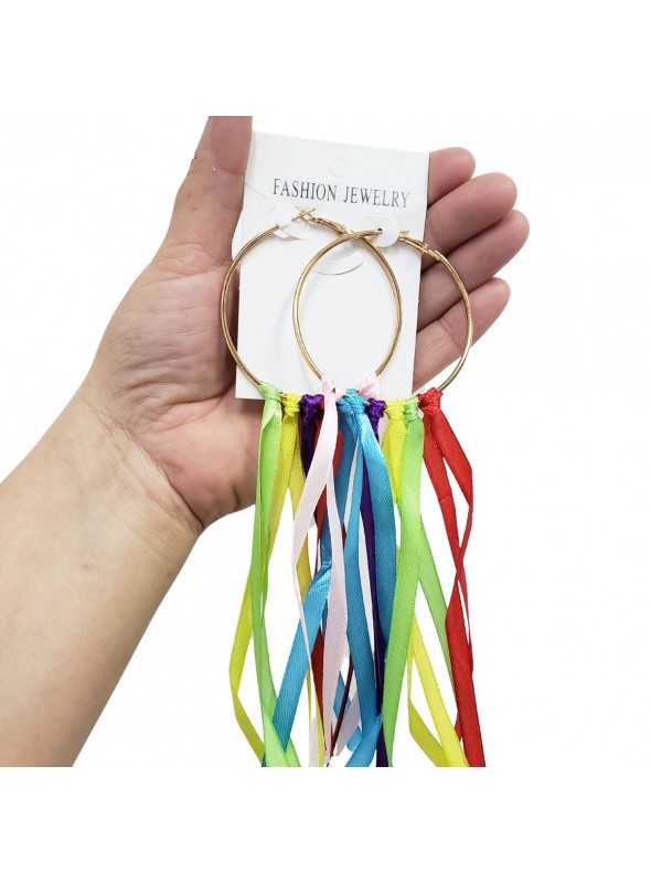 Brinco Argola Fitas Coloridas Carnaval 20cm O Par Adereços de Carnaval