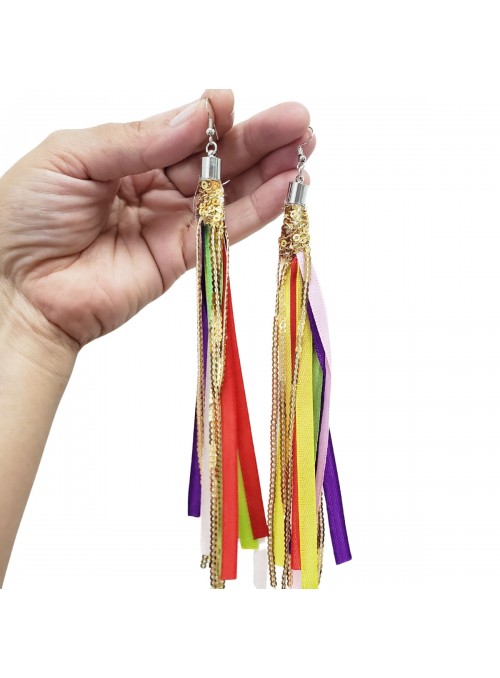 Brinco Fitas Coloridas com Lantejoulas Carnaval 16cm O Par Adereços de Carnaval