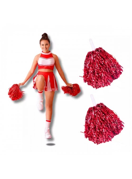 Pompom Metalizado Vermelho 32cm Líder de Torcida Adereço Fantasia 2 Unidades