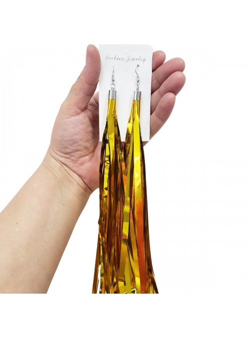 Brinco Fitas Metalizadas Dourado Carnaval 21,5cm O Par Adereços de Carnaval