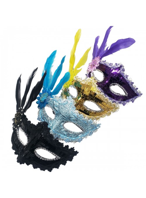 Máscara de Festa com Penas e Strass Cores Sortidas Adereços de Carnaval
