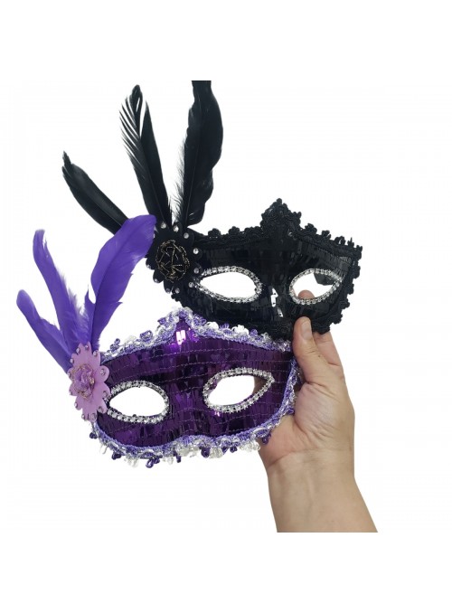 Máscara de Festa com Penas e Strass Cores Sortidas Adereços de Carnaval
