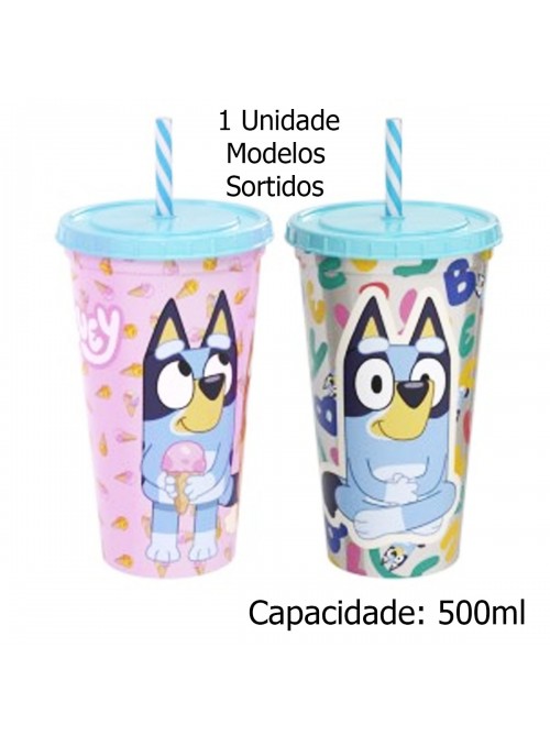 Copo com Canudo Bluey 500ml 1 Unidade Lembrancinha