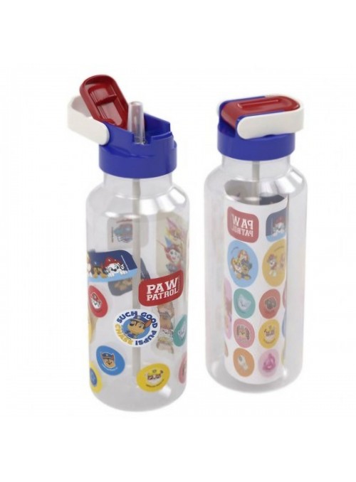 Garrafa com Canudo Plástico Patrulha Canina 600ml com Adesivos