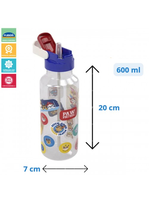 Garrafa com Canudo Plástico Patrulha Canina 600ml com Adesivos