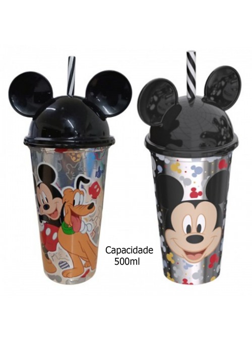 Copo com Canudo Orelha Mickey Mouse 500ml 1 Unidade Lembrancinha