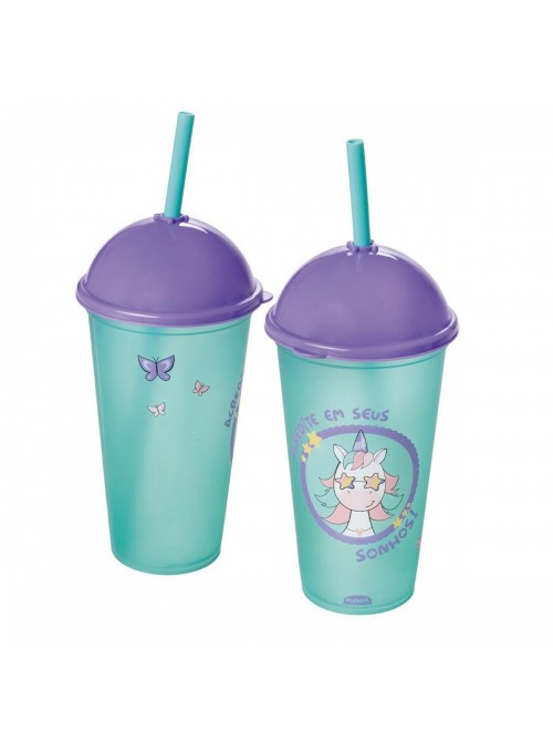 Copo com Canudo Shake Unicórnio 500ml 1 Unidade Lembrancinha