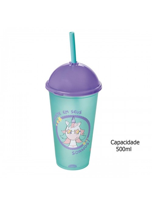 Copo com Canudo Shake Unicórnio 500ml 1 Unidade Lembrancinha