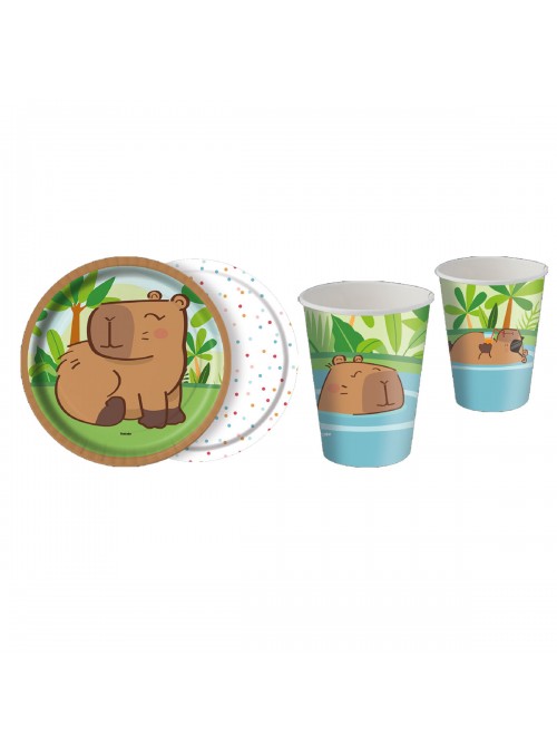 Prato e Copo de Papel Festa Capivara Fofa Kit 8 Pratos e 8 Copos
