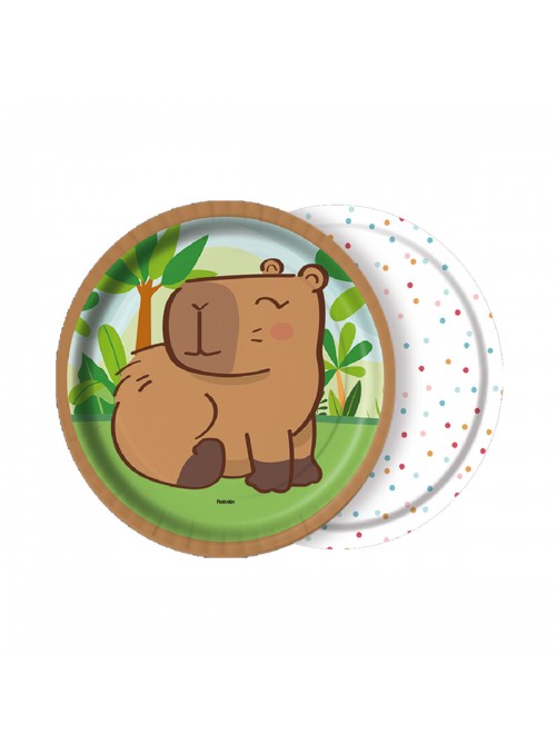Prato e Copo de Papel Festa Capivara Fofa Kit 8 Pratos e 8 Copos