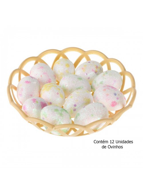 12 Unidades Ovinhos de Páscoa Coloridos com Cestinha Decoração