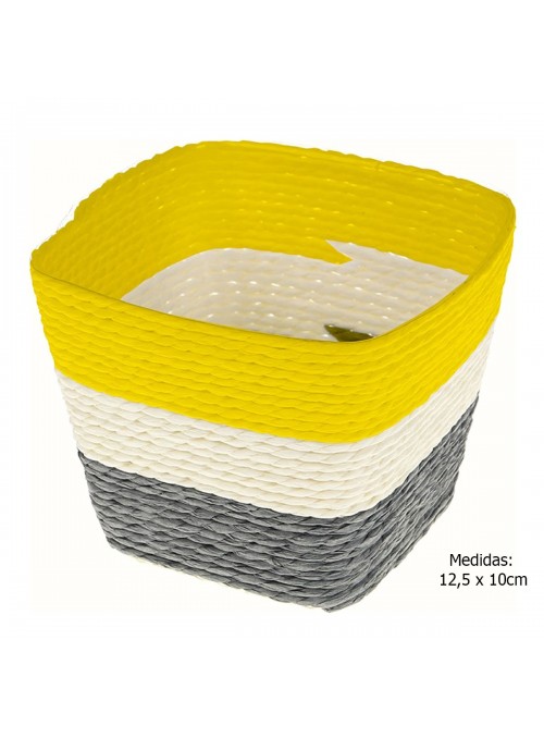 Cesto Duo Quadrado Cinza Branco e Amarelo 12,5 x 10cm Decoração