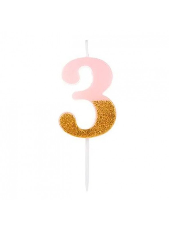Vela De Aniversário Número 3 Rosa Com Glitter Dourado 8,5cm