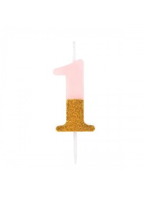 Vela De Aniversário Número 1 Rosa Com Glitter Dourado 8,5cm
