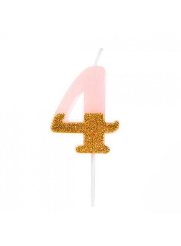 Vela De Aniversário Número 4 Rosa Com Glitter Dourado 8,5cm
