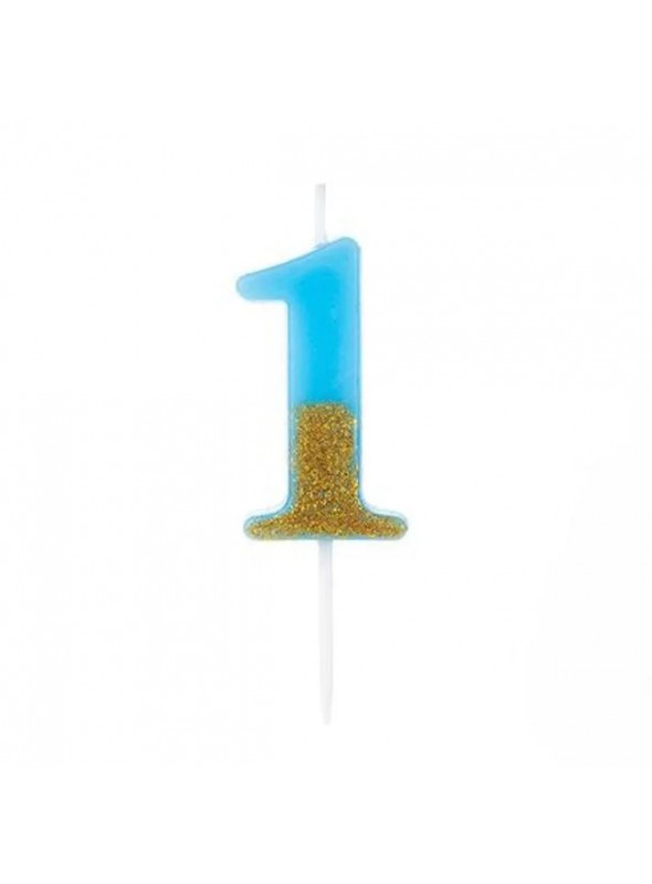 Vela De Aniversário Número 1 Azul Com Glitter Dourado 8,5cm