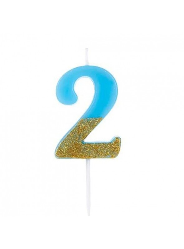 Vela De Aniversário Número 2 Azul Com Glitter Dourado 8,5cm