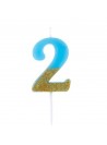 Vela De Aniversário Número 2 Azul Com Glitter Dourado 8,5cm
