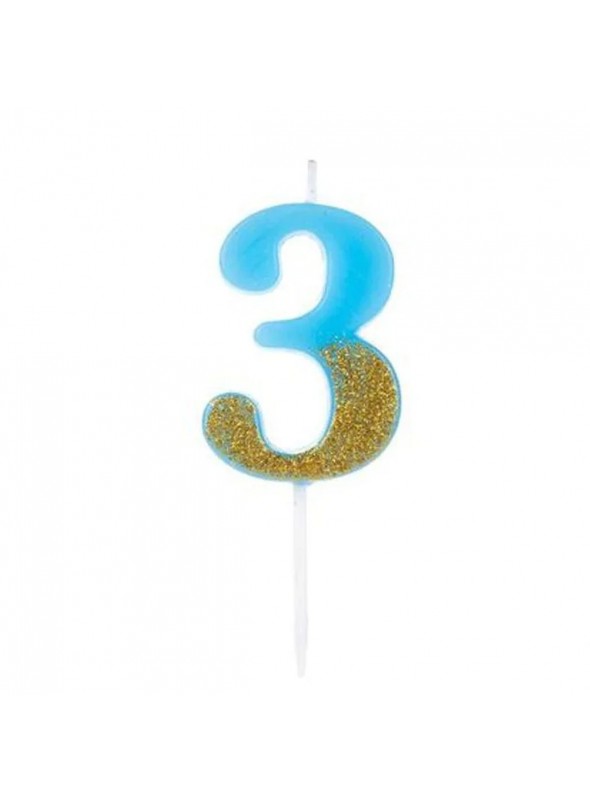 Vela De Aniversário Número 3 Azul Com Glitter Dourado 8,5cm