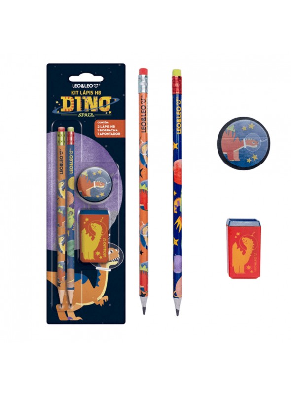 Kit Escolar Dinossauro Space 4 Peças Lápis Borracha Apontador