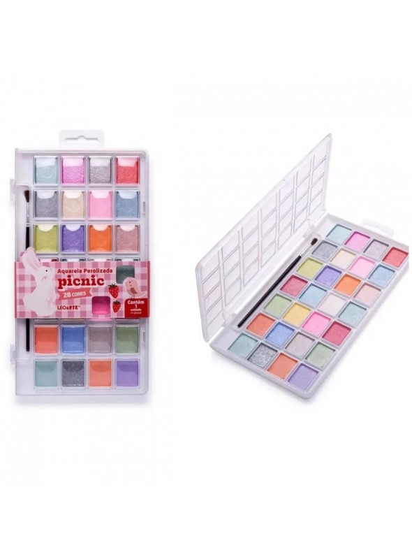 Aquarela Perolizada Picnic 28 Cores Estojo + Pincel Efeito Perolado