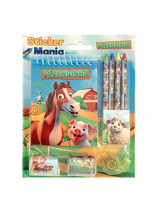 Livro para Colorir Fazendinha com Giz de Cera, Adesivos, Fita Lembrancinha