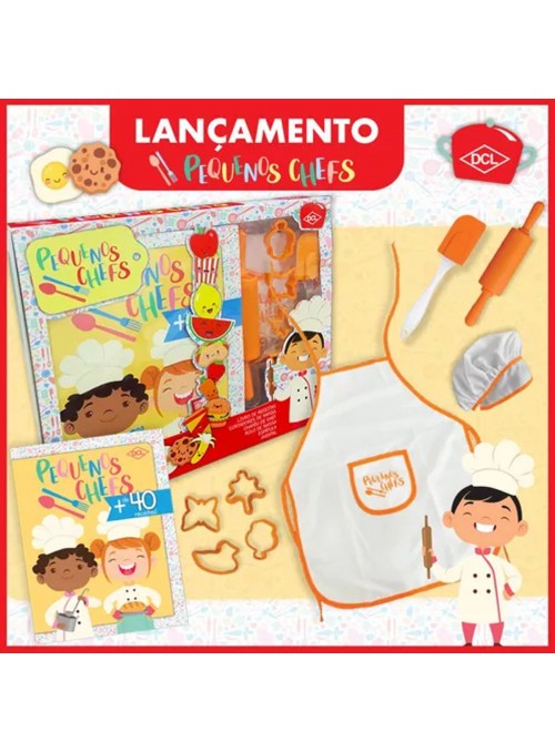Livro Kit Pequenos Chefs - Livro de Receitas, Cortadores, Chapéu do Chefe, Rolo, Espátula e Avental