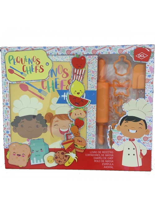 Livro Kit Pequenos Chefs - Livro de Receitas, Cortadores, Chapéu do Chefe, Rolo, Espátula e Avental