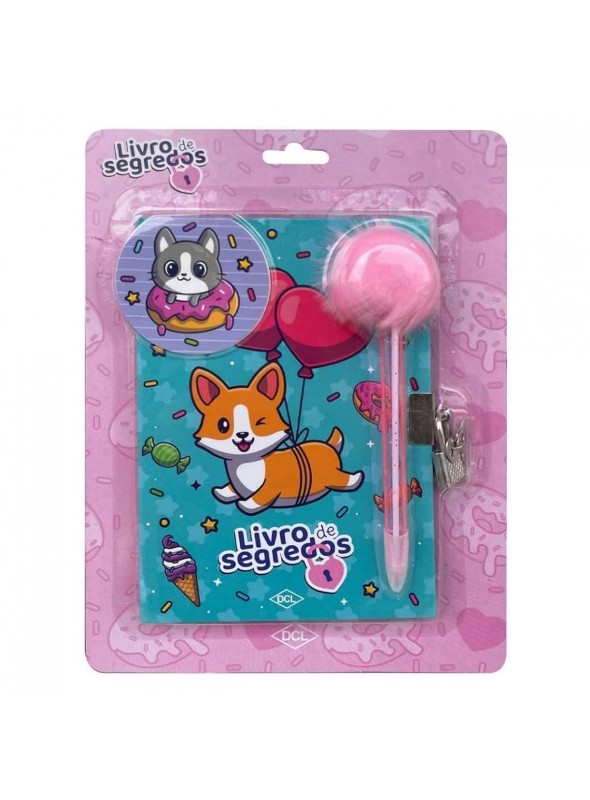 Diário Livro de Segredos Pets Fofinhos com Caneta Pompom Lembrancinha
