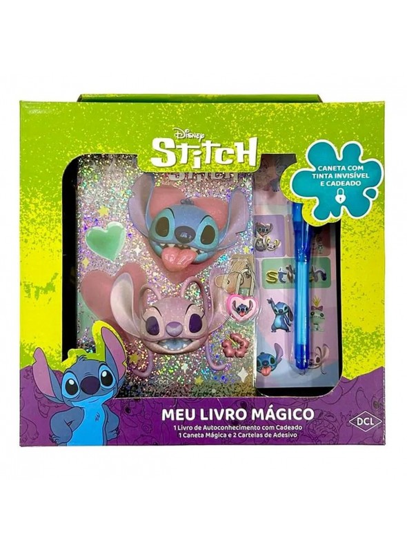 Disney Meu Livro Mágico Stitch com Cadeado, Caneta Mágica e Adesivos Lembrancinha