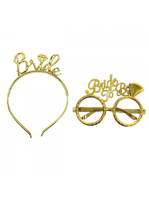 Kit Noiva Adereço de Festa Tiara Bride e Óculos Bride Dourado Despedida de Solteira
