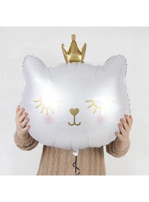 Balão Metalizado Gatinho com Coroa 64cm x 74cm Branco