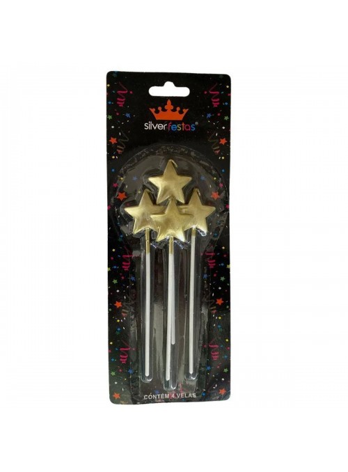 Vela de Aniversário Estrela Dourada 13,5cm Silver Festas 4 Unidades