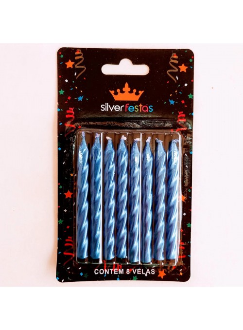 Velas de Bolo Aniversário Espiral Azul Metalizado – 8 unidades