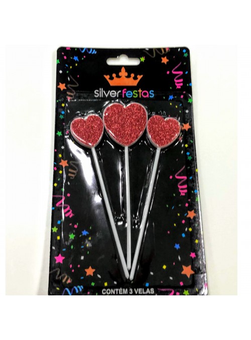 Vela de Aniversário 3 Corações Glitter Vermelho Silver Festas