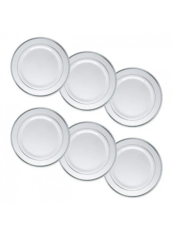 Pratos Refeição Descartáveis Luxo Prata – 6 unidades