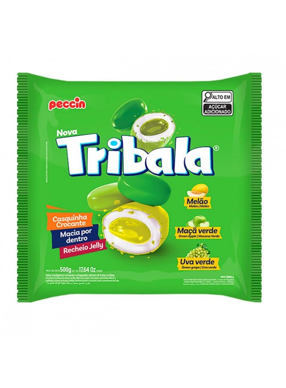 Bala TriBala Mastigável Recheada Crocante Melão Maça Verde Uva Verde 500g