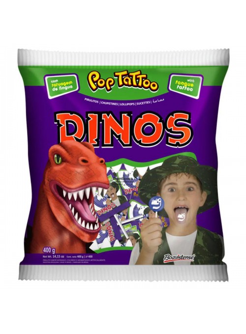 Pirulito Dinos Pop Tattoo Framboesa com Tatuagem na Língua 400g