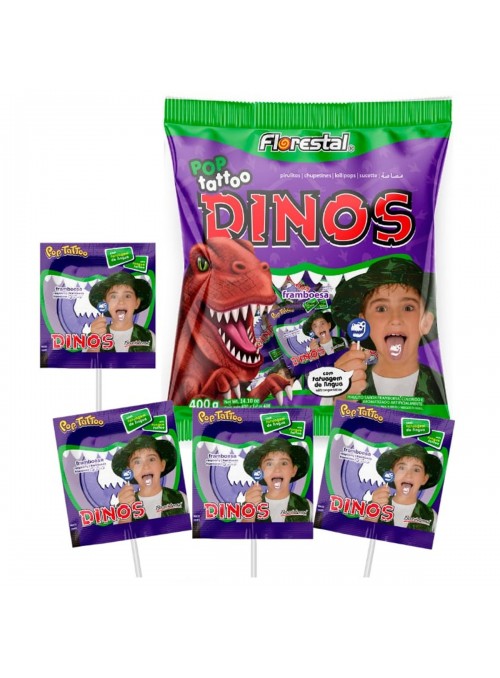 Pirulito Dinos Pop Tattoo Framboesa com Tatuagem na Língua 400g