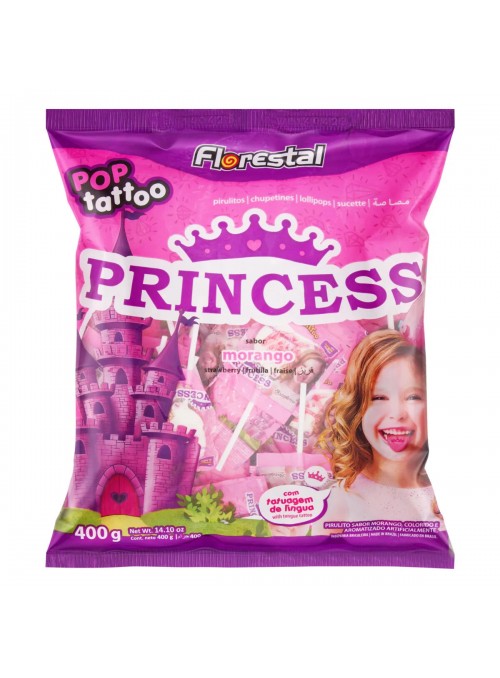 Pirulito Princess Pop Tattoo Morango com Tatuagem na Língua 400g