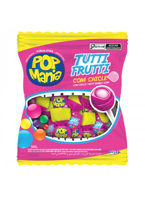 Pirulito com Chicle Tutti Frutti Pop Mania 500g Guloseimas