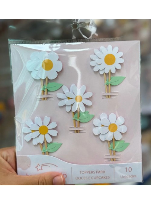 Toppers para Doces e Cupcakes Flores Margaridas 10 Unidades