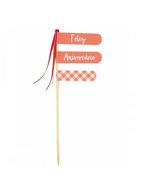 Topo para Bolo Feliz Aniversário Vichy Xadrez Vermelho e Branco